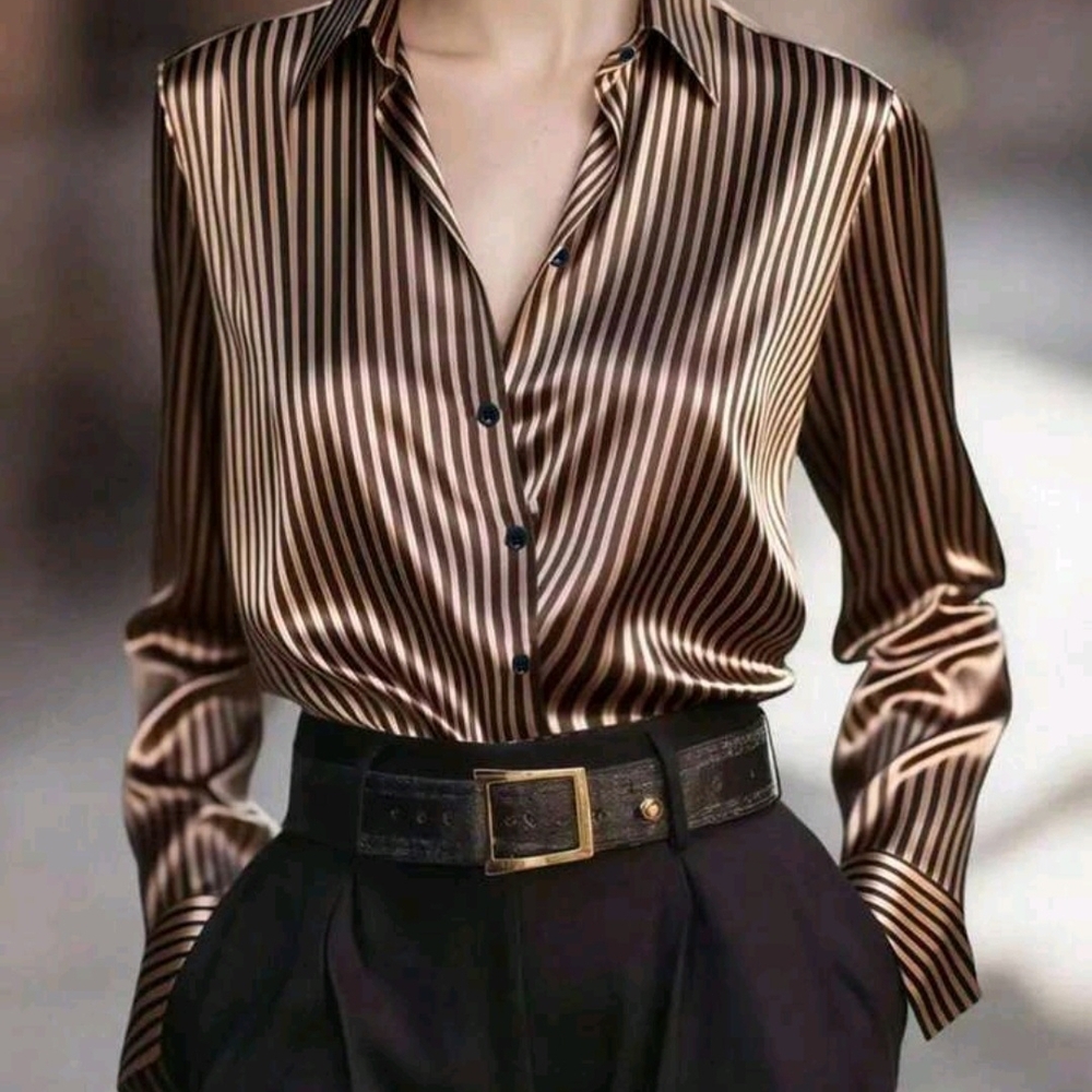 Sophisticated Brown Striped Women's Button Down Shirt